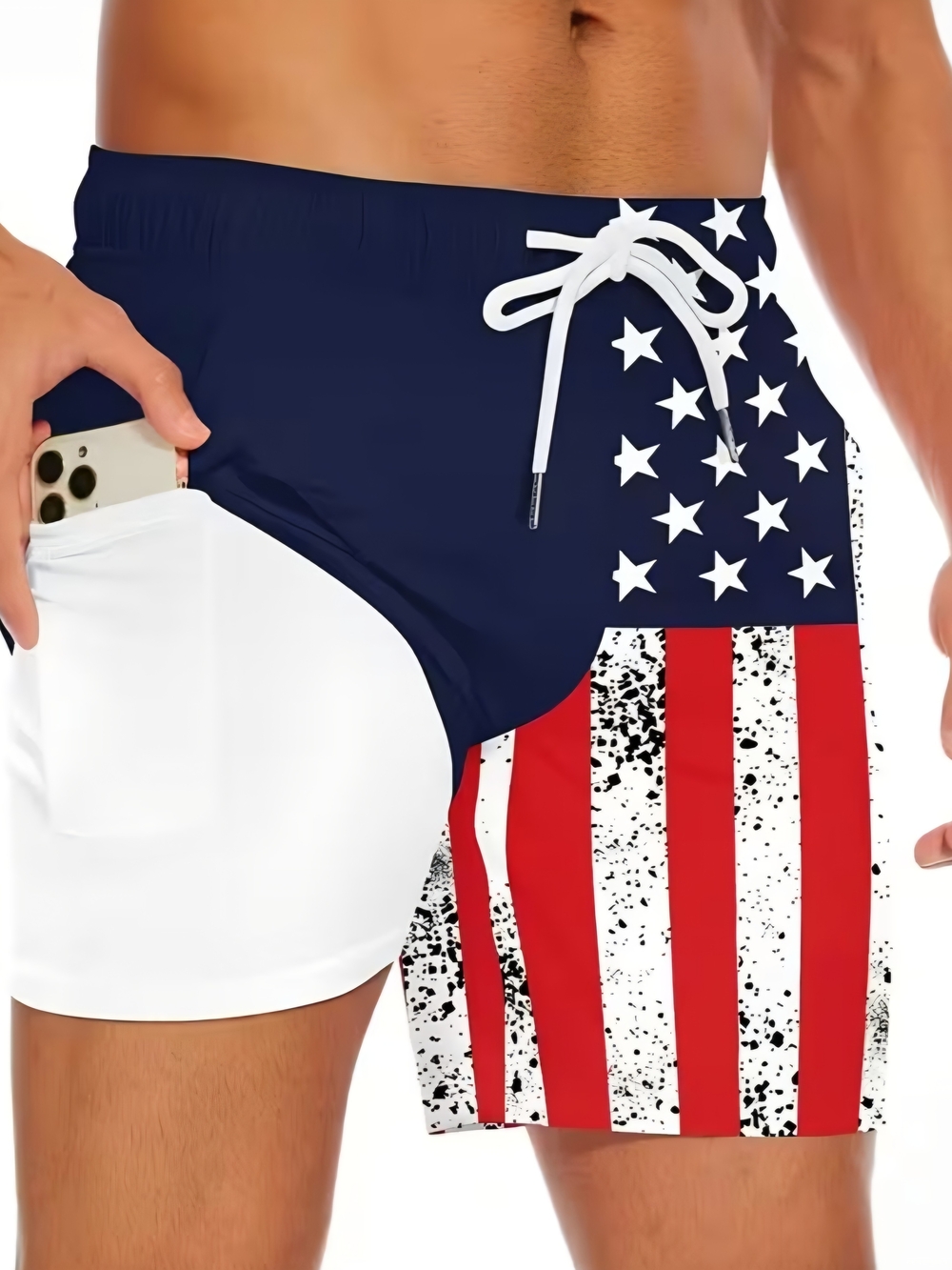 Men's Patriotic American Flag Swim Shorts - Navy, Red & White, 4th Of July